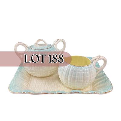 -188- BELLEEK | Blue Neptune Tray, Creamer, & Covered Sugar | Marked
