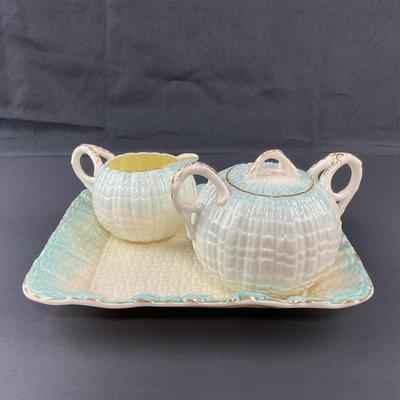 -188- BELLEEK | Blue Neptune Tray, Creamer, & Covered Sugar | Marked