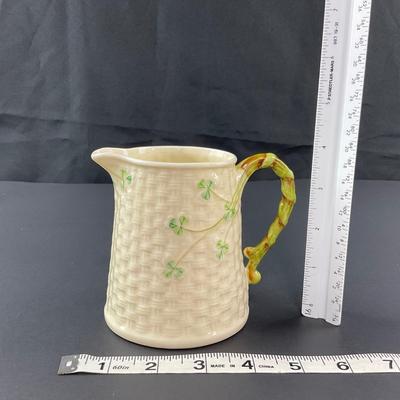 -197- BELLEEK | Shamrock Basketweave Creamer & Coffee/Teapot | 6th Mark