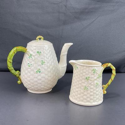 -197- BELLEEK | Shamrock Basketweave Creamer & Coffee/Teapot | 6th Mark