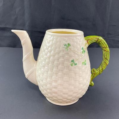 -197- BELLEEK | Shamrock Basketweave Creamer & Coffee/Teapot | 6th Mark