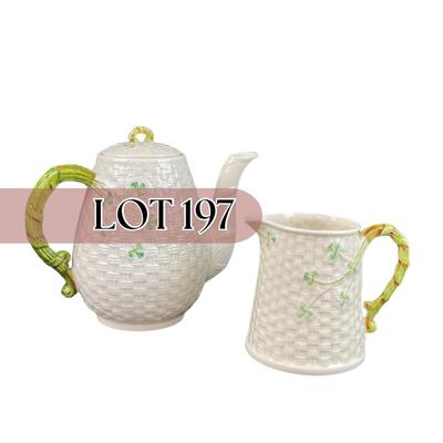 -197- BELLEEK | Shamrock Basketweave Creamer & Coffee/Teapot | 6th Mark