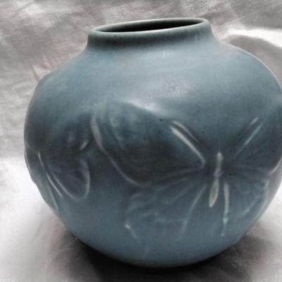 Rookwood Pottery 1950 Vintage Matte Blue Butterfly Ceramic Vase 6509