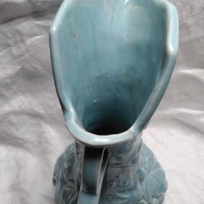Vintage 1946 McCoy Pottery Leaves and Berries Blue Pitcher 9" Tall