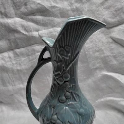 Vintage 1946 McCoy Pottery Leaves and Berries Blue Pitcher 9" Tall
