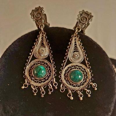 Antique/Vtg Sterling Silver JerusalymNecklace & Earrings set/ Eilat Green stones.