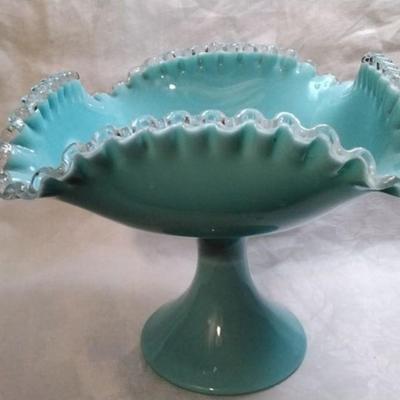 Rare Fenton Turquoise Pedestal Ruffled Silver Crest 1950s