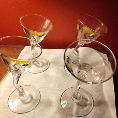 Signed Gay Fad Beau Brummell 1950s Martini Glass Hand Painted Bent Stem