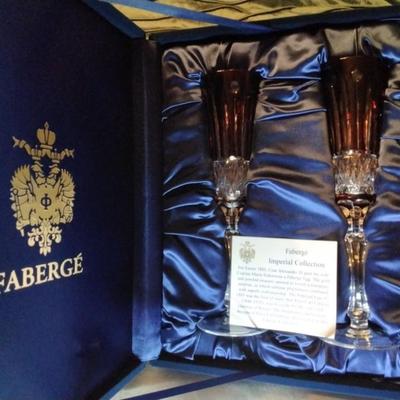 FABERGE Set of 2 XENIA Ruby Red Cut to Clear Crystal Champagne Flutes signed in Presentation Box