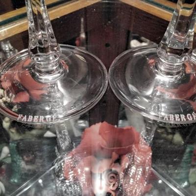FABERGE Set of 2 XENIA Ruby Red Cut to Clear Crystal Champagne Flutes signed in Presentation Box