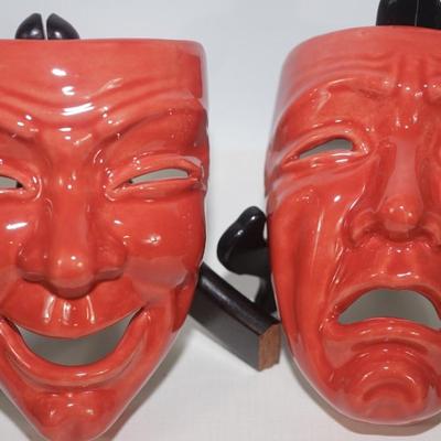 CERAMIC ARTS STUDIO MADISON, WI 1942-1956 COMEDY AND TRAGEDY FACE WALL PLAQUES IN DARK SALMON COLOR
