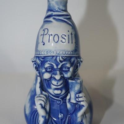 ANTIQUE GERMAN BLUE & WHITE PORCELAIN CHARACTER LIQUIOR BOTTLE & MATCH KEEP/STRIKE