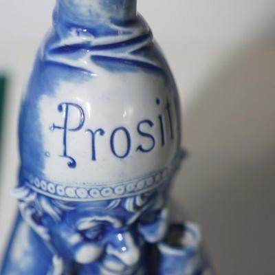 ANTIQUE GERMAN BLUE & WHITE PORCELAIN CHARACTER LIQUIOR BOTTLE & MATCH KEEP/STRIKE