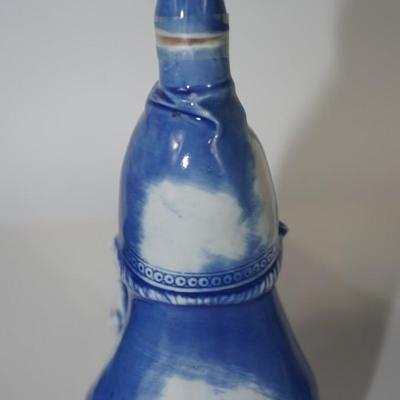 ANTIQUE GERMAN BLUE & WHITE PORCELAIN CHARACTER LIQUIOR BOTTLE & MATCH KEEP/STRIKE