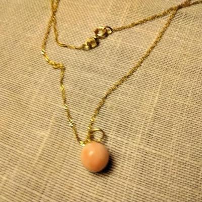 Fine 7 1/2 MM Pink Cloud Angel Skin Coral Drop extra Large 14kt hoop on 14k solid gold chain