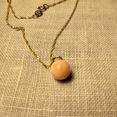 Fine 7 1/2 MM Pink Cloud Angel Skin Coral Drop extra Large 14kt hoop on 14k solid gold chain