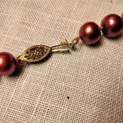 Perfect for the holidays! 19" Cranberry Pearl Necklace and Pearl Earrings Both 14 Gold Clasps