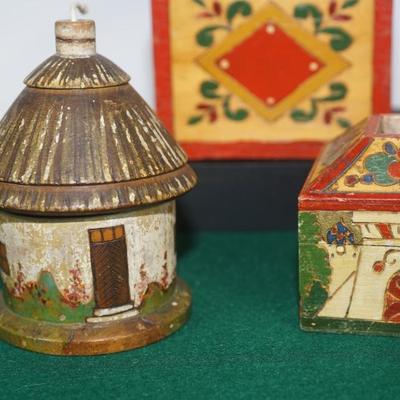 VINTAGE RUSSIAN WOOD INCISED CARVED & HAND PAINTED BOXES/STRING HOLDER, BANK, HUMIDOR