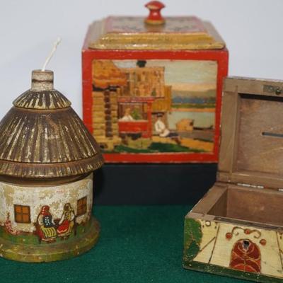 VINTAGE RUSSIAN WOOD INCISED CARVED & HAND PAINTED BOXES/STRING HOLDER, BANK, HUMIDOR