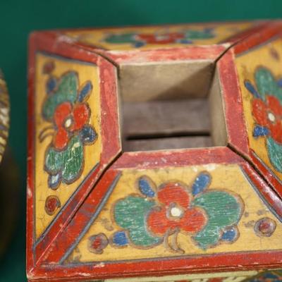 VINTAGE RUSSIAN WOOD INCISED CARVED & HAND PAINTED BOXES/STRING HOLDER, BANK, HUMIDOR