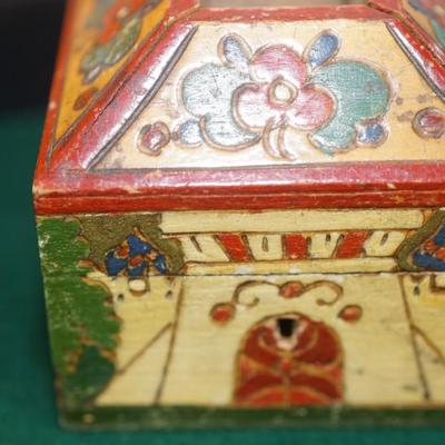 VINTAGE RUSSIAN WOOD INCISED CARVED & HAND PAINTED BOXES/STRING HOLDER, BANK, HUMIDOR