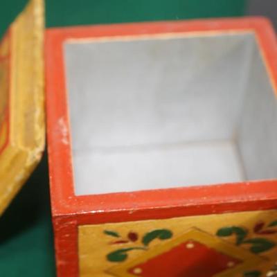 VINTAGE RUSSIAN WOOD INCISED CARVED & HAND PAINTED BOXES/STRING HOLDER, BANK, HUMIDOR