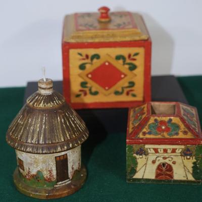 VINTAGE RUSSIAN WOOD INCISED CARVED & HAND PAINTED BOXES/STRING HOLDER, BANK, HUMIDOR