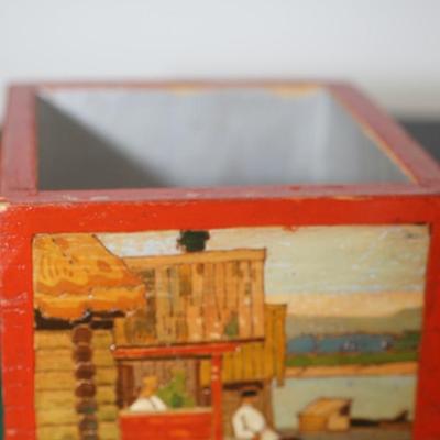 VINTAGE RUSSIAN WOOD INCISED CARVED & HAND PAINTED BOXES/STRING HOLDER, BANK, HUMIDOR