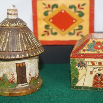 VINTAGE RUSSIAN WOOD INCISED CARVED & HAND PAINTED BOXES/STRING HOLDER, BANK, HUMIDOR