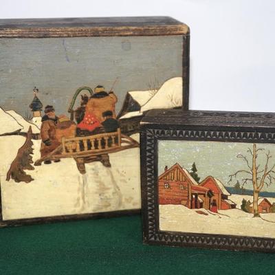 ANTIQUE PAIR OF RUSSIAN -HAND CARVED & PAINTED FOLK ART BOXES
