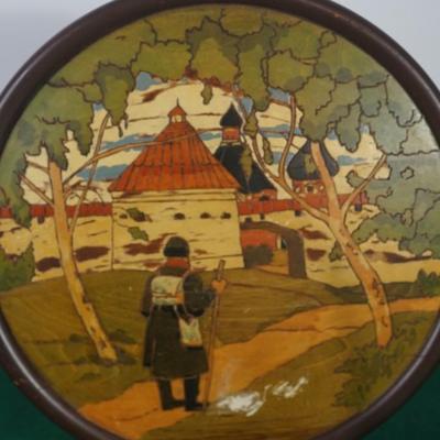 VINTAGE GROUPING OF FOUR ROUND WOOD WALL PLAQUES- SOVIET UNION,