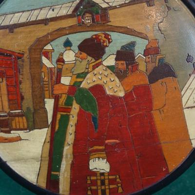 VINTAGE GROUPING OF FOUR ROUND WOOD WALL PLAQUES- SOVIET UNION,