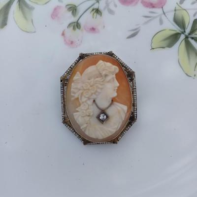 Dual Purpose Habille Cameo With Stunning Diamond and Seed Pearl Trim 14K White Gold