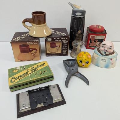 Vintage Lemon Squeezer Travel Mugs Oil Lamp Coronet Splicer Piggy Bank