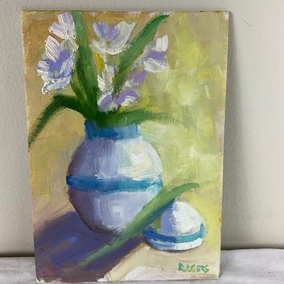 165 Original Oil Painting "White Flowers in Blue /White Jar" by Kathie Rogers