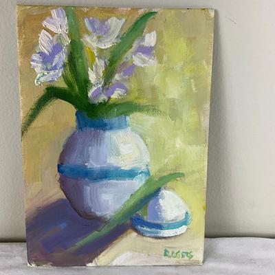 165 Original Oil Painting "White Flowers in Blue /White Jar" by Kathie Rogers