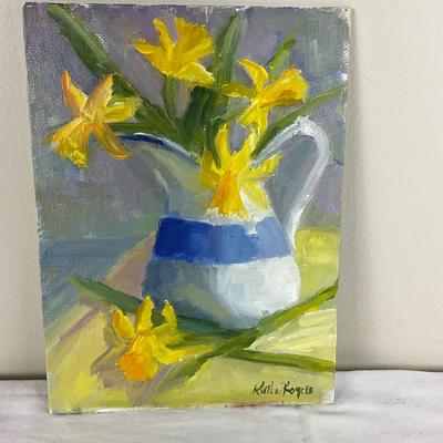 169 Original Oil Painting "Blue and White "Yellow Daffodils" by Kathie Rogers