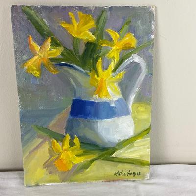 169 Original Oil Painting "Blue and White "Yellow Daffodils" by Kathie Rogers