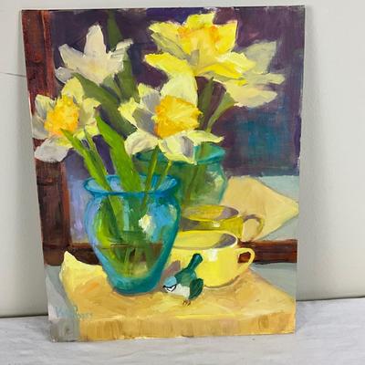 173 Original Oil Painting Yellow Daffodils with Blue Jay by Kathie Rogers