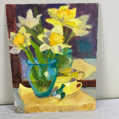 173 Original Oil Painting Yellow Daffodils with Blue Jay by Kathie Rogers