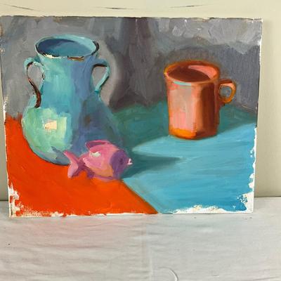 180 Original Oil Painting "Pottery , Mug, Fish" by Kathie Rogers