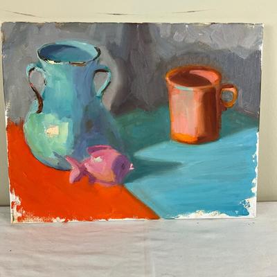 180 Original Oil Painting "Pottery , Mug, Fish" by Kathie Rogers