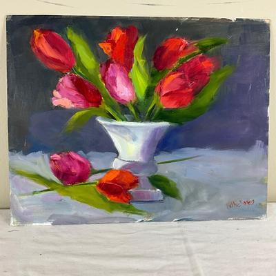 200 Original Oil Painting "Red Tulips" by Kathie Rogers