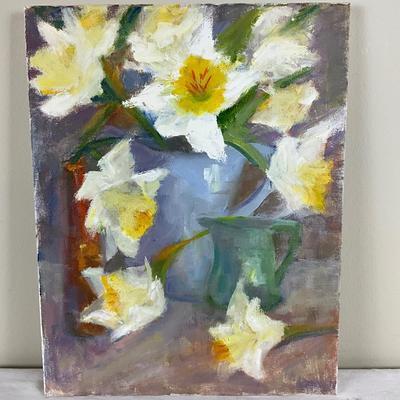 204 Original Oil Painting Daffodils in Blue Pitcher by Kathie Rogers
