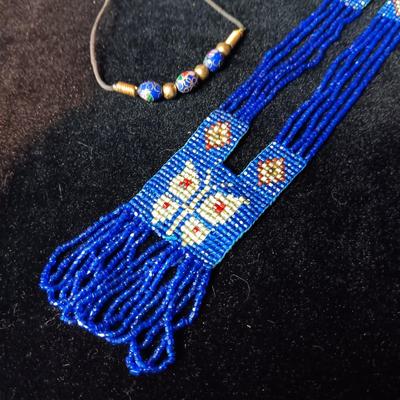 HAND BEADED NATIVE AMERICAN NECKLACE, WOODEN BRACELET & BEADED CHAIN NECKLACE
