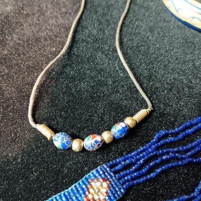 HAND BEADED NATIVE AMERICAN NECKLACE, WOODEN BRACELET & BEADED CHAIN NECKLACE