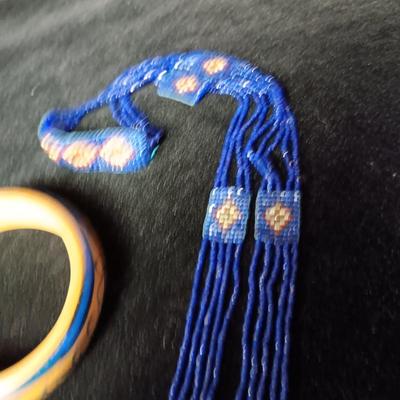 HAND BEADED NATIVE AMERICAN NECKLACE, WOODEN BRACELET & BEADED CHAIN NECKLACE