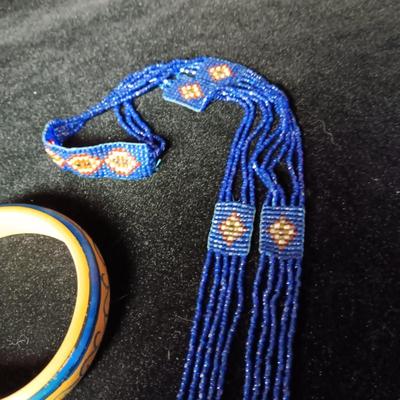 HAND BEADED NATIVE AMERICAN NECKLACE, WOODEN BRACELET & BEADED CHAIN NECKLACE