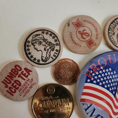 Collection of Buttons, Badges, Tokens & Wood Nickels
