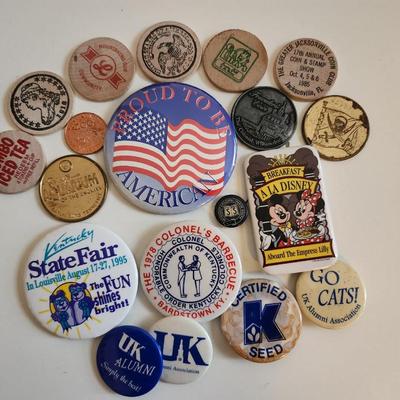 Collection of Buttons, Badges, Tokens & Wood Nickels